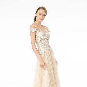 NEW LONG CUT-AWAY SHOULDER SLEEVELESS A-LINE MESH DRESS WITH ZIPPER BACK GL2953